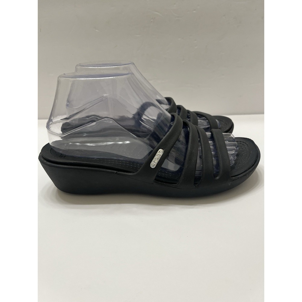 Crocs Rhonda Black Strappy Wedge Slide Sandals Women's 8 Cool Comfort